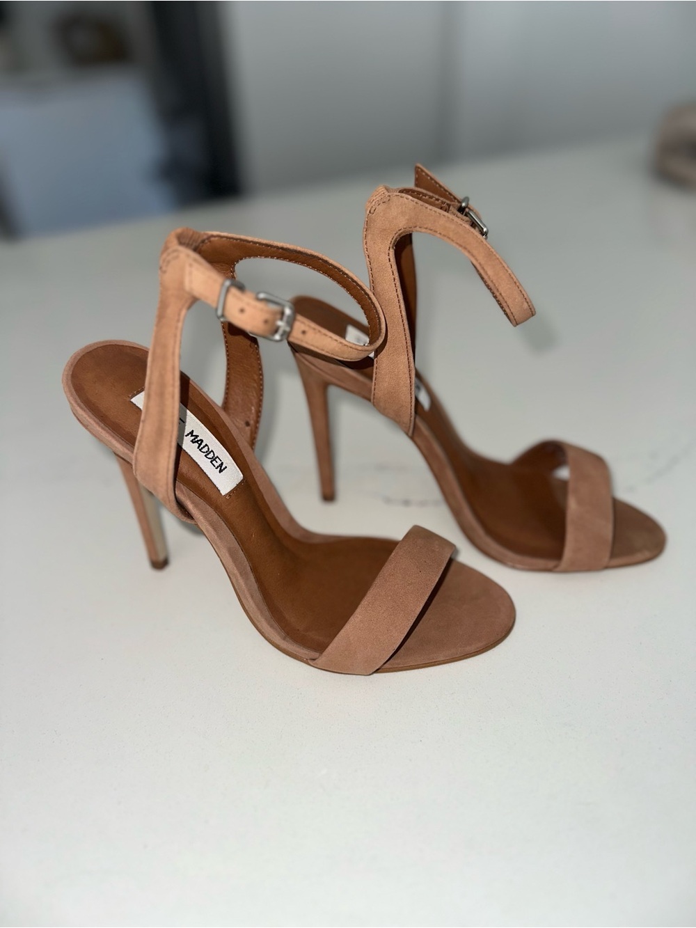 Steve Madden Tan Suede Ankle-Strap Stiletto Sandals
